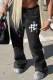 Black Street Print Patchwork High Waist Straight Bottoms