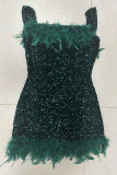 Red Sexy Solid Sequins Patchwork Feathers Backless Off the Shoulder Wrapped Skirt Dresses