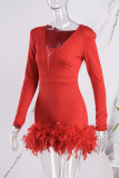 Red Sexy Casual Solid Patchwork Feathers V Neck Long Sleeve Romper