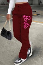 Burgundy Casual Print Letter Straight Bottoms