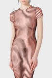 Brown Casual Striped Print Basic O Neck Short Sleeve Dress