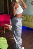 Silver Casual Street Solid Patchwork Pocket Straight Low Waist Straight Solid Color Bottoms