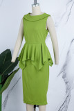Yellow Casual Solid Patchwork O Neck One Step Skirt Dresses