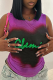 Rose Red Street Letter Tie Dye Patchwork Mesh O Neck Tops