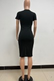Black Casual Solid Patchwork Slit O Neck Short Sleeve Dress