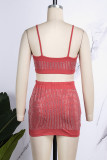 Red Sexy Patchwork Hot Drilling Backless Spaghetti Strap Sleeveless Two Pieces