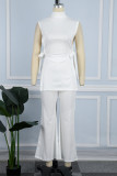 White Casual Solid Frenulum Turtleneck Sleeveless Two Pieces