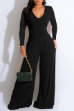 Black Casual Solid Basic V Neck Regular Jumpsuits