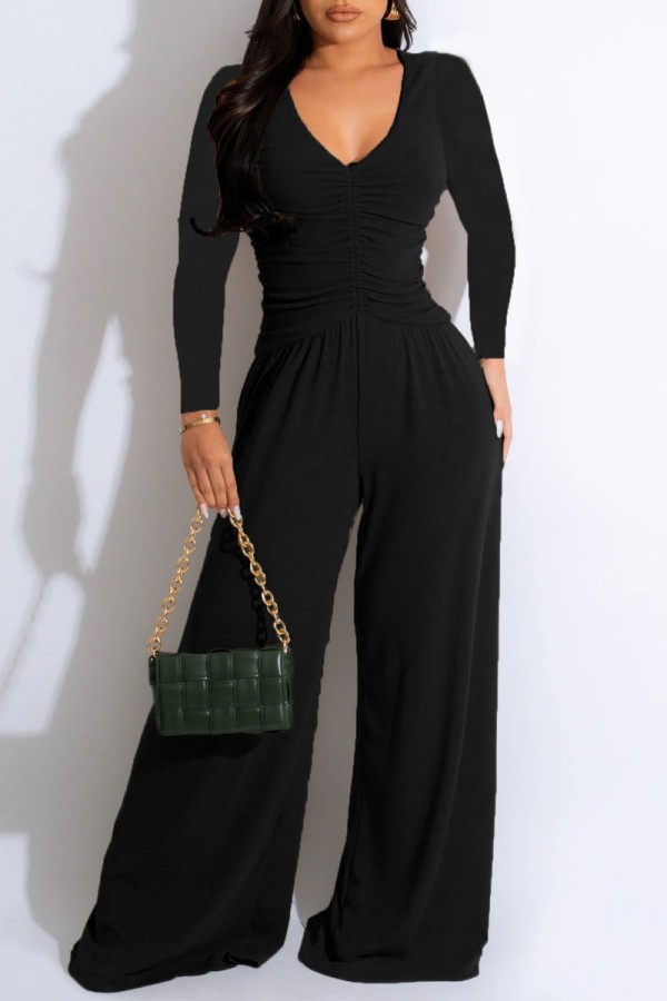 Black Casual Solid Basic V Neck Regular Jumpsuits