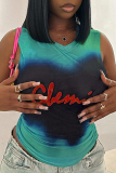 Yellow Street Letter Tie Dye Patchwork Mesh O Neck Tops
