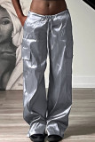 Silver Casual Street Solid Patchwork Pocket Straight Low Waist Straight Solid Color Bottoms