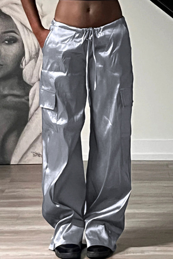 Silver Casual Street Solid Patchwork Pocket Straight Low Waist Straight Solid Color Bottoms