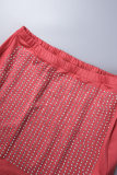 Red Sexy Patchwork Hot Drilling Backless Spaghetti Strap Sleeveless Two Pieces