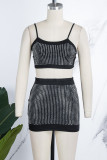 Red Sexy Patchwork Hot Drilling Backless Spaghetti Strap Sleeveless Two Pieces