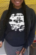 Black Casual Street Print Draw String Hooded Collar Tops