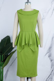 Yellow Casual Solid Patchwork O Neck One Step Skirt Dresses