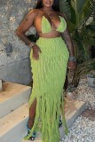 Green Sexy Solid Tassel Bandage Backless Halter Sleeveless Two Pieces