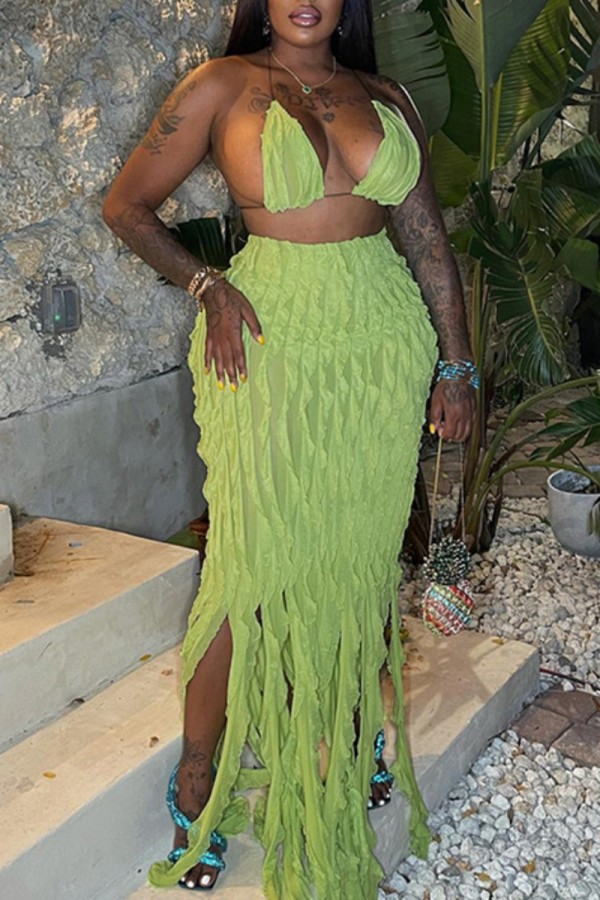 Green Sexy Solid Tassel Bandage Backless Halter Sleeveless Two Pieces