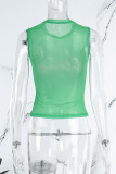 Yellow Street Letter Tie Dye Patchwork Mesh O Neck Tops