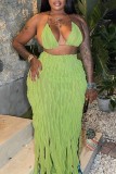 Green Sexy Solid Tassel Bandage Backless Halter Sleeveless Two Pieces