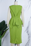 Yellow Casual Solid Patchwork O Neck One Step Skirt Dresses
