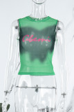 Yellow Street Letter Tie Dye Patchwork Mesh O Neck Tops