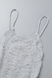 Grey Sexy Solid Patchwork See-through Backless Spaghetti Strap One Step Skirt Dresses