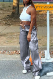 Silver Casual Street Solid Patchwork Pocket Straight Low Waist Straight Solid Color Bottoms