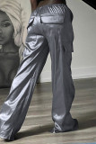 Silver Casual Street Solid Patchwork Pocket Straight Low Waist Straight Solid Color Bottoms