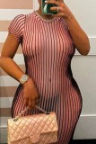 Brown Casual Striped Print Basic O Neck Short Sleeve Dress