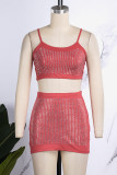 Red Sexy Patchwork Hot Drilling Backless Spaghetti Strap Sleeveless Two Pieces