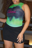 Yellow Street Letter Tie Dye Patchwork Mesh O Neck Tops