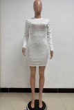 White Casual Solid Patchwork Beading O Neck Long Sleeve Dresses