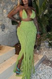 Green Sexy Solid Tassel Bandage Backless Halter Sleeveless Two Pieces