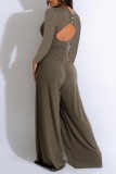 Green Casual Solid Basic V Neck Regular Jumpsuits