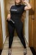 Black Casual Print Letter O Neck Short Sleeve Two Pieces