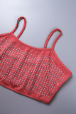 Red Sexy Patchwork Hot Drilling Backless Spaghetti Strap Sleeveless Two Pieces
