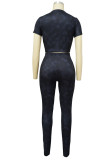 Black Sportswear Solid Patchwork O Neck Short Sleeve Two Pieces