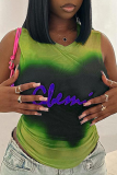 Yellow Street Letter Tie Dye Patchwork Mesh O Neck Tops