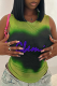 Yellow Street Letter Tie Dye Patchwork Mesh O Neck Tops