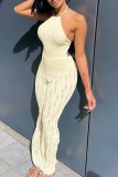 Apricot Sexy Solid Bandage Backless Halter Skinny Jumpsuits