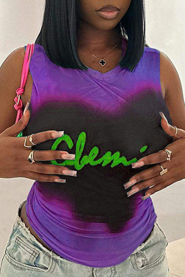 Purple Street Letter Tie Dye Patchwork Mesh O Neck Tops