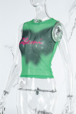 Yellow Street Letter Tie Dye Patchwork Mesh O Neck Tops