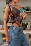 Brown Casual Print Backless Asymmetrical Oblique Collar Tops