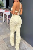Apricot Sexy Solid Bandage Backless Halter Skinny Jumpsuits