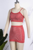 Red Sexy Patchwork Hot Drilling Backless Spaghetti Strap Sleeveless Two Pieces