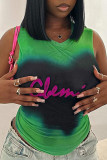 Yellow Street Letter Tie Dye Patchwork Mesh O Neck Tops