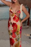 Red Sexy Print Backless Spaghetti Strap Long Dress Dresses