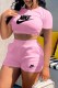 Pink Casual Print Backless Letter O Neck Short Sleeve Two Pieces