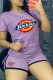 Purple Casual Print Letter O Neck Short Sleeve Two Pieces